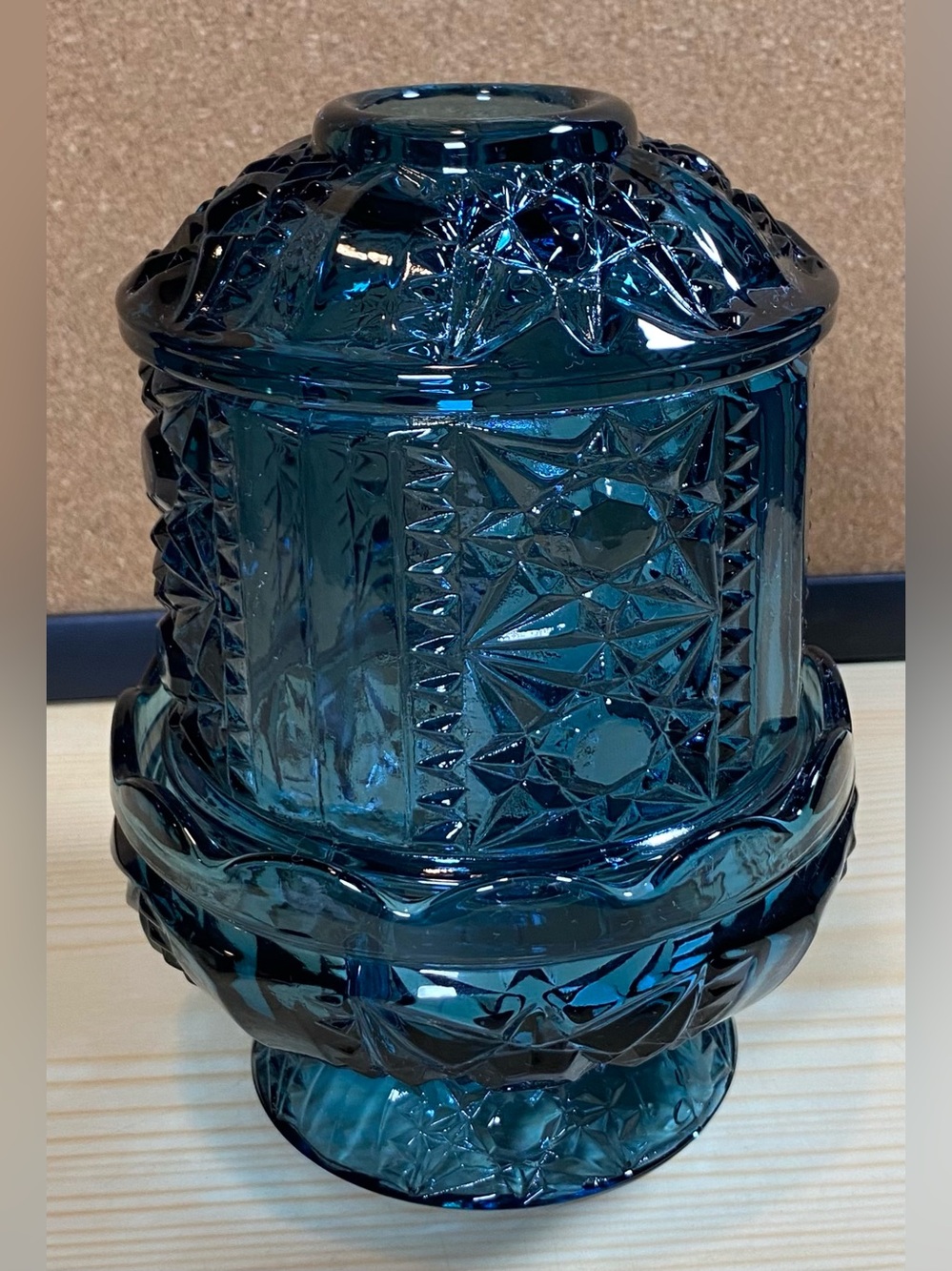 Vintage Stars & Bars Colonial Blue Glass Fairy Lamp Indiana Glass EUC 7”